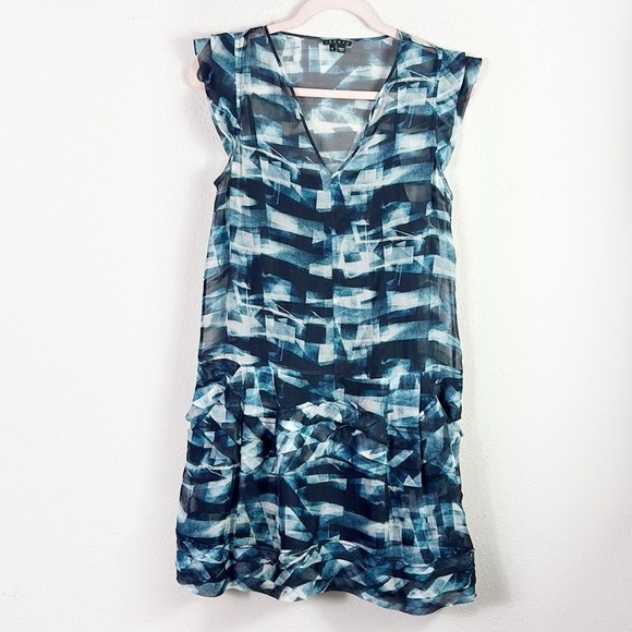 Theory 100% Silk Abstract Blue Teal Black Mini Ruffled Flutter Sleeves Dress 6 - Picture 1 of 14